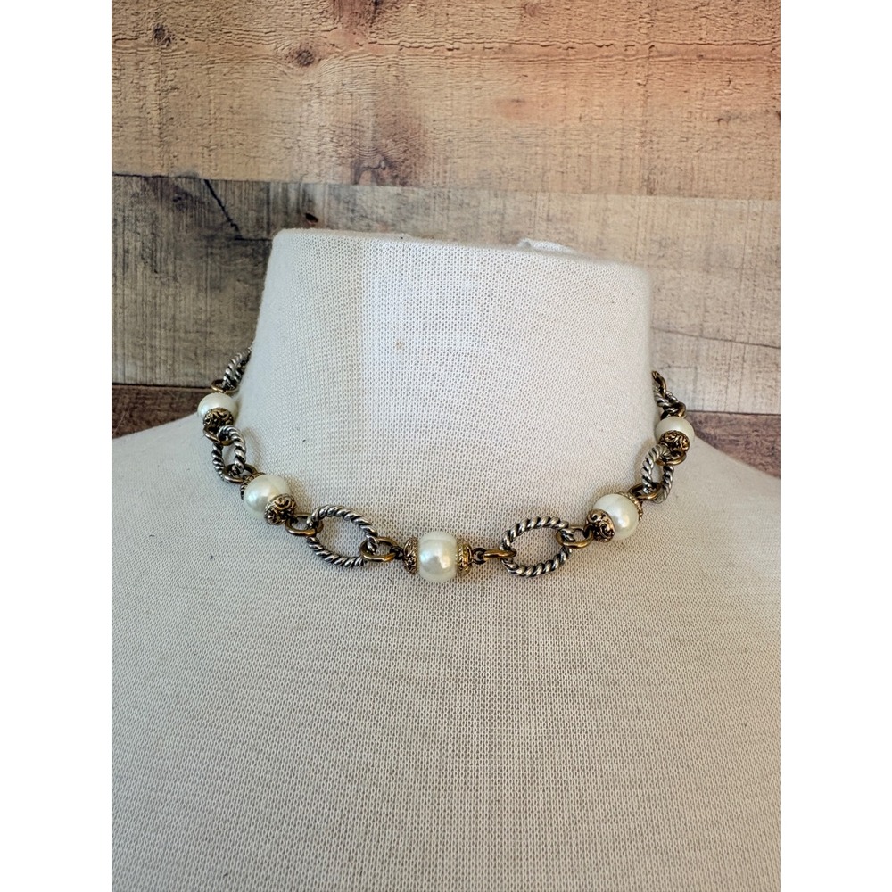 Premier Designs Mixed Metal Faux‎ Pearl Rope Chain Link Necklace Two Tone